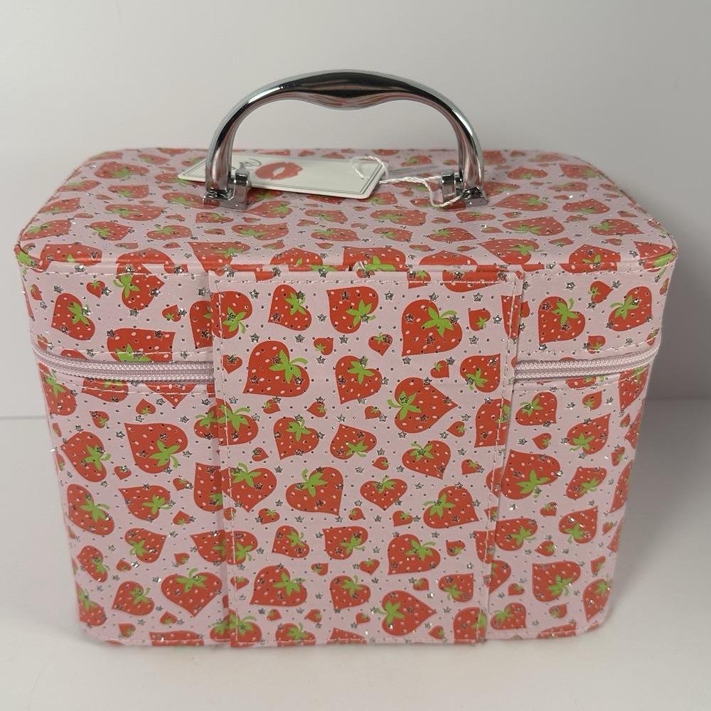 Pink Strawberry Makeup Train Case Cosmetic Bag Glitter Vanity Storage Case Y2K - Picture 5 of 11